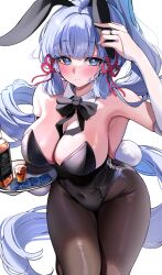 Rule 34 | 1girl, absurdres, alcohol, alternate costume, animal ears, arm up, armpits, ayaka (genshin impact), bare shoulders, black bow, black bowtie, black leotard, black pantyhose, blue eyes, blue hair, blush, bow, bowtie, breasts, bridal gauntlets, closed mouth, condom, condom packet strip, condom wrapper, covered navel, cup, detached collar, fake animal ears, fake tail, genshin impact, hair ribbon, highleg, highleg leotard, highres, holding, holding tray, large breasts, leaning forward, leotard, light blue hair, long hair, pantyhose, playboy bunny, ponytail, rabbit ears, rabbit tail, red ribbon, ribbon, sak (lemondisk), simple background, solo, strapless, strapless leotard, tail, tray, very long hair, white background, white bridal gauntlets