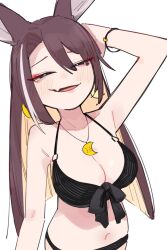 Rule 34 | 1girl, animal ears, bare arms, bare shoulders, bikini, black bikini, blush, bracelet, breasts, brown hair, character request, cleavage, colored inner hair, fang, green eyes, half-closed eyes, hand in own hair, highres, jewelry, kamo (kamonabe 44), large breasts, long hair, looking at viewer, multicolored hair, navel, pendant, simple background, skin fang, solo, streaked hair, swimsuit, tensai majo no maryoku kare, upper body, white background