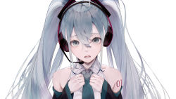 Rule 34 | 1girl, absurdres, aqua eyes, aqua hair, bare shoulders, blush, detached sleeves, hair between eyes, hands up, hatsune miku, headphones, headset, highres, kisaragi yaya, long hair, looking at viewer, necktie, open mouth, solo, tattoo, twintails, upper body, vocaloid, white background