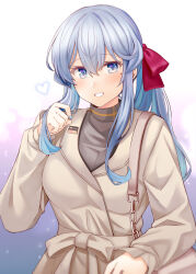 Rule 34 | 1girl, blue eyes, blue hair, breasts, brown shirt, coat, gotland (kancolle), kantai collection, long hair, long sleeves, looking at viewer, md5 mismatch, medium breasts, mole, mole under mouth, open mouth, rui shi (rayze ray), shirt, smile, solo, upper body, yellow coat