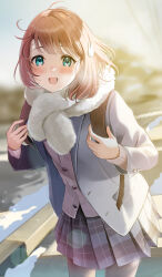 Rule 34 | 1girl, :d, aqua eyes, backpack, bad id, bad pixiv id, bag, black pantyhose, blue jacket, blue skirt, blurry, blurry background, blush, clear sky, commentary request, cowboy shot, day, fur trim, grey sky, hair ornament, hairclip, highres, holding, holding bag, jacket, light brown hair, long sleeves, looking at viewer, open clothes, open jacket, open mouth, original, outdoors, pantyhose, plaid, plaid skirt, pleated skirt, purple sweater, school uniform, short hair, sidelocks, skirt, sky, smile, solo, standing, sunlight, sweater, tree, water, yukimaru nun