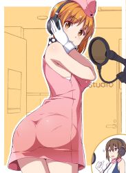 Rule 34 | 10s, 2girls, alternate costume, ascot, ass, blue dress, closed mouth, cowboy shot, dress, flight attendant, garrison cap, girls und panzer, gloves, hand on headphones, hat, headphones, highres, inset, looking at viewer, looking back, microphone, multiple girls, nakamura yukitoshi, nishizumi maho, nishizumi miho, open mouth, pantylines, pink dress, pink hat, polka dot neckwear, red ascot, short dress, short hair, siblings, sisters, sleeveless, sleeveless dress, smile, sparkle, standing, thumbs up, travel attendant, v-shaped eyebrows, white gloves