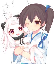 Rule 34 | 10s, 2girls, :d, abyssal ship, ahoge, black hair, brown eyes, carrying, colored skin, dress, horns, japanese clothes, kaga (kancolle), kantai collection, long hair, mittens, multiple girls, northern ocean princess, one eye closed, open mouth, princess carry, shapeson, side ponytail, smile, tasuki, tedamarutarou, translation request, white dress, white hair, white mittens, white skin