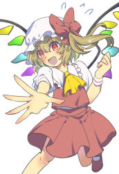 Rule 34 | 1girl, :d, blonde hair, bow, brown footwear, flandre scarlet, flying sweatdrops, hat, highres, leg up, loafers, long hair, looking at viewer, mob cap, nayozane (worker7), neckerchief, open mouth, outstretched arm, puffy short sleeves, puffy sleeves, red bow, red eyes, red skirt, red vest, shoes, short sleeves, side ponytail, simple background, skirt, smile, socks, solo, teeth, touhou, upper teeth only, vest, white background, white socks, wings, yellow neckerchief