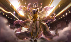 Rule 34 | 1girl, ahri (league of legends), alternate costume, alternate hair length, alternate hairstyle, animal ears, armlet, blonde hair, boots, bracelet, breasts, choker, cleavage, earrings, facial mark, fox ears, fox tail, full body, hand on own hip, high heel boots, high heels, idol, jewelry, k/da (league of legends), k/da ahri, large breasts, league of legends, lips, looking at viewer, makeup, multiple tails, nail polish, official art, skirt, tail, thighhighs, whisker markings, yellow eyes