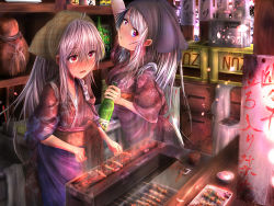 Rule 34 | 2girls, :o, alcohol, alternate costume, alternate hairstyle, apron, arm up, bandaid, blue eyes, blue hair, bottle, buckle, cooking, crate, eel, floral print, food, food stand, fujiwara no mokou, gourd, grill, hand fan, indoors, japanese clothes, kamishirasawa keine, kimono, liquor, long hair, looking back, meat, multiple girls, paper fan, parted lips, plate, pops, radio, red eyes, shelf, soy sauce, standing, steam, stick, sweat, tasuki, touhou, traditional clothes, trash can, uchiwa, white hair, window