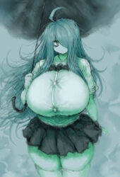 Rule 34 | 1girl, 2b-ge, ahoge, bags under eyes, black skirt, breasts, cowboy shot, expressionless, female focus, green theme, grey background, hair over one eye, half-closed eyes, highres, holding, holding umbrella, huge breasts, limited palette, long hair, looking at viewer, mei (2b-ge), messy hair, miniskirt, original, shirt, skirt, solo, thick thighs, thighhighs, thighs, umbrella, white shirt, wide hips, zettai ryouiki