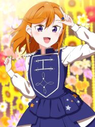 Rule 34 | 1girl, commentary request, dress, earrings, epaulettes, funmocha, hair ornament, highres, index finger raised, jewelry, long sleeves, looking at viewer, love live!, love live! superstar!!, medium hair, open mouth, orange hair, purple dress, purple eyes, shibuya kanon, sing! shine! smile!, solo, standing, star (symbol), star hair ornament, upper body, white sleeves