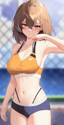 Rule 34 | 1girl, absurdres, ahoge, alternate costume, arm at side, armpits, black hair, blue shorts, blurry, blurry background, blush, bra strap, braid, braided bangs, breasts, brown eyes, brown hair, chain-link fence, cleavage, collarbone, crossed bangs, day, double-parted bangs, fence, fingernails, hair between eyes, hand up, highleg, highleg panties, highres, hololive, hololive english, large breasts, lessone, looking at viewer, multicolored hair, nanashi mumei, navel, outdoors, paid reward available, panties, panty straps, parted lips, short hair, short shorts, shorts, solo, sports bra, stomach, streaked hair, string panties, sweat, teeth, underwear, virtual youtuber, white hair, yellow sports bra