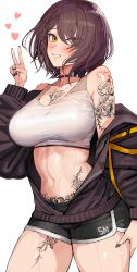 Rule 34 | 1girl, absurdres, azur lane, baltimore (azur lane), baltimore (black ace) (azur lane), bare shoulders, black choker, black jacket, black nails, black shorts, braid, breasts, brown hair, choker, commentary request, cowboy shot, crop top, hand up, heart, highres, jacket, kaki z3, large breasts, long sleeves, midriff, nail polish, navel, off shoulder, official alternate costume, short hair, short shorts, shorts, shoulder tattoo, simple background, solo, sports bra, standing, stomach, stomach tattoo, tattoo, thighs, v, white background, yellow eyes