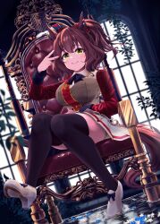 Rule 34 | 1girl, absurdres, animal ears, aston machan (umamusume), blush, breasts, brown hair, closed mouth, commentary request, crown, fingernails, full body, green eyes, hair ornament, highres, horse ears, horse girl, horse tail, kokage yugure, large breasts, looking at viewer, plant, sash, shoes, sitting on throne, smile, tail, thighhighs, thighs, throne, umamusume, v, window