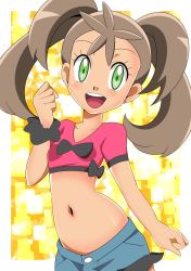 Rule 34 | 1girl, adapted costume, breasts, brown hair, creatures (company), dark-skinned female, dark skin, game freak, green eyes, hainchu, highres, long hair, looking at viewer, navel, nintendo, open mouth, pokemon, pokemon xy, quad tails, shauna (pokemon), shorts, small breasts, smile, solo
