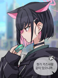 Rule 34 | 1girl, animal ears, doodle sensei (blue archive), black choker, black hair, black hoodie, blue archive, blunt ends, blurry, blurry background, cat ears, choker, colored inner hair, food, green sailor collar, hair ornament, hairclip, halo, highres, holding, holding food, hood, hood down, hooded jacket, hoodie, jacket, kazusa (blue archive), korean text, long sleeves, looking at food, macaron, multicolored hair, open mouth, pink eyes, pink hair, sailor collar, sensei (blue archive), short hair, sin seishun, speech bubble, translation request, two-tone hair, upper body
