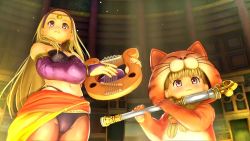 Rule 34 | 2girls, animal costume, animal ears, bad id, bad twitter id, bikini, black bikini, blonde hair, blue eyes, blush, bodysuit, braid, cameltoe, cat costume, cat ears, circlet, commentary request, costume, detached sleeves, dragon quest, dragon quest xi, endou hiroto, fake animal ears, flute, harp, holding, inactive account, instrument, long hair, lyre, multiple girls, navel, orange sarong, sarong, senya (dq11), siblings, sisters, swimsuit, thigh gap, twin braids, twintails, veronica (dq11), yellow sarong