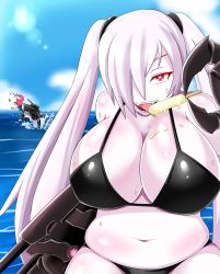 Rule 34 | 10s, 2girls, abyssal ship, belly, bikini, biting, biting clothes, breasts, cleavage, fangs, food, hair over one eye, highres, huge breasts, i-168 (kancolle), kantai collection, long hair, multiple girls, nega96396, ocean, open mouth, pale skin, plump, ponytail, popsicle, re-class battleship, red eyes, red hair, school swimsuit, sexually suggestive, smile, southern ocean oni, southern ocean war princess, sweat, swimsuit, twintails, water, white hair