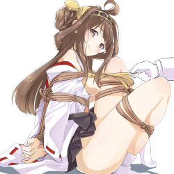 Rule 34 | 10s, 1girl, ahoge, arms behind back, bare shoulders, bdsm, blush, bondage, bound, bound wrists, breasts, brown hair, detached sleeves, double bun, frogtie, gloves, hair bun, hair ornament, hairband, headgear, japanese clothes, kantai collection, kongou (kancolle), long hair, looking at viewer, misu kasumi, nipples, nontraditional miko, pulling, ribbon-trimmed sleeves, ribbon trim, rope, shibari, simple background, sitting, skirt, smile, solo focus, tabi, white background, white gloves, white legwear