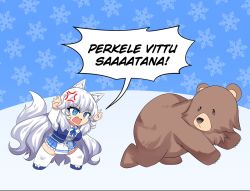 Rule 34 | 1girl, :d, anger vein, angry, animal, animal ear fluff, animal ears, arms up, bear, blue eyes, blue skirt, breasts, chibi, commentary, english commentary, fighting, finnish text, full body, furious, hair between eyes, hinghoi, indie virtual youtuber, large breasts, long hair, lumi (merryweather), open mouth, profanity, sidelocks, simple background, skirt, smile, snowflake background, speech bubble, standing, tail, thighhighs, translated, very long hair, virtual youtuber, white hair, white thighhighs, wolf ears, wolf girl, wolf tail