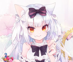 Rule 34 | 1girl, animal ear fluff, animal ears, azur lane, bare shoulders, black bow, bow, breasts, cake, cat ears, closed mouth, commentary request, detached sleeves, dress, eating, fingernails, food, food on face, fork, frilled dress, frilled sleeves, frills, hair bow, hair ribbon, highres, holding, holding fork, long hair, looking at viewer, medium breasts, mirror, ribbon, shichijou natori, sidelocks, smile, solo, two side up, umbrella, white hair, white ribbon, yellow eyes, yukikaze (azur lane), yukikaze (sovereign of the swing) (azur lane)