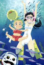 Rule 34 | 2girls, absurdres, armpits, arms up, bikini, black hair, caustics, character request, diving mask, fish, flippers, freediving, frilled bikini, frills, goggles, green eyes, green hair, highres, legs, long hair, majocco shimai no yoyo to nene, multiple girls, non-web source, nyantype, official art, one-piece swimsuit, red bikini, scan, shibata yuka, smile, snorkel, spread legs, swimsuit, underwater, white one-piece swimsuit, yoyo (majocco shimai no yoyo to nene)