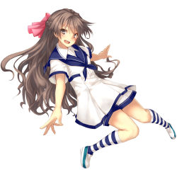 Rule 34 | 1girl, artist request, brown eyes, brown hair, female focus, fujiwara misaki, full body, hair ribbon, highres, long hair, looking at viewer, official art, open mouth, pink ribbon, ribbon, simple background, socks, solo, striped clothes, striped socks, unity-chan, unity (game engine), white background