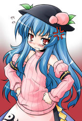 Rule 34 | 1girl, akou roushi, alternate costume, anger vein, apron, armband, bare shoulders, blue hair, blush, clenched teeth, detached sleeves, embarrassed, female focus, flat chest, food, fruit, gradient background, hands on own hips, hat, hinanawi tenshi, leaf, long hair, patterned, peach, ribbed sweater, skirt, solo, sweatdrop, sweater, teeth, touhou, upper body, very long hair
