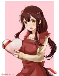 Rule 34 | 1girl, :d, akagi (kancolle), alternate costume, apron, blush, box, brown hair, collarbone, gift, gift box, heart-shaped box, highres, holding, holding box, kantai collection, long hair, long sleeves, looking at viewer, meteor tail28, open mouth, orange eyes, pink background, red apron, sidelocks, simple background, sleeves past wrists, smile, solo, sweater, tareme, twitter username, upper body, yellow sweater