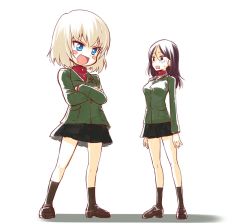 Rule 34 | 10s, 1girl, black hair, black skirt, black socks, blonde hair, blue eyes, blush stickers, commentary, crossed arms, empty eyes, fang, frown, girls und panzer, gloom (expression), green jacket, inumoto, jacket, katyusha (girls und panzer), loafers, long hair, long sleeves, looking at another, miniskirt, nonna (girls und panzer), open mouth, pleated skirt, pravda school uniform, red shirt, role reversal, school uniform, shadow, shirt, shoes, short hair, simple background, skirt, smirk, socks, solo, standing, sweatdrop, swept bangs, turtleneck, v-shaped eyebrows, white background