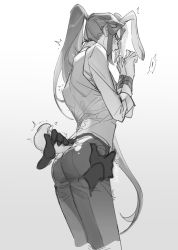 Rule 34 | !, 1boy, animal ears, ass, black pants, blush, disembodied limb, from behind, grabbing, gradient background, greyscale, highres, long hair, long sleeves, monochrome, pants, ponytail, profile, rabbit boy, rabbit ears, rabbit tail, shirt tucked in, solo, spoken exclamation mark, suncle, tail, luo xiaohei zhanji, twitter username, very long hair, vest, wuxian (the legend of luoxiaohei)