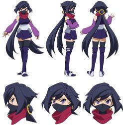 Rule 34 | 1girl, ayame (gundam build divers), black hair, black thighhighs, boots, breasts, character sheet, covered mouth, elbow gloves, fingerless gloves, full body, gloves, gundam, gundam build divers, gundam build divers re:rise, hair ornament, highres, hip armor, japanese clothes, kimono, long hair, looking at viewer, low ponytail, mask, medium breasts, mouth mask, multiple views, ninja, ninja mask, official art, ponytail, purple eyes, red scarf, scarf, sleeveless, split ponytail, thigh boots, thighhighs, thighhighs under boots, transparent background, very long hair, zettai ryouiki