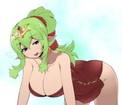 Rule 34 | 1girl, ass, blue eyes, blush, breasts, choker, cleavage, fire emblem, fire emblem: mystery of the emblem, fire emblem awakening, green hair, hair ornament, heart, kara age, large breasts, long hair, looking at viewer, naughty face, nintendo, no bra, no panties, open mouth, pointy ears, ponytail, smile, solo, thighs, tiki (adult) (fire emblem), tiki (fire emblem)