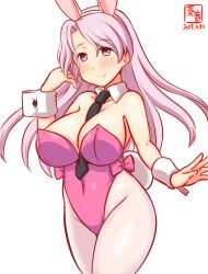 Rule 34 | 1girl, alternate costume, animal ears, artist logo, between breasts, blush, breasts, detached collar, fake animal ears, highleg, highleg leotard, kanon (kurogane knights), kantai collection, large breasts, leotard, long hair, looking at viewer, luigi di savoia duca degli abruzzi (kancolle), necktie, necktie between breasts, one-hour drawing challenge, open mouth, pantyhose, pink eyes, pink hair, pink leotard, playboy bunny, rabbit ears, simple background, smile, solo, strapless, strapless leotard, white background, white pantyhose