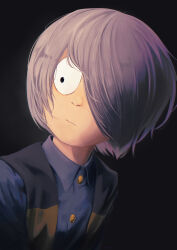 Rule 34 | . ., 1boy, absurdres, alternate hair color, black background, commentary request, gegege no kitarou, grey hair, hair over one eye, highres, kitarou, kujukusima, looking to the side, male focus, one eye covered, short hair, solo focus