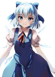Rule 34 | 1girl, bad id, bad pixiv id, blue bow, blue dress, blue eyes, blue hair, bow, cirno, closed mouth, collared shirt, dress, fairy, hair bow, highres, ice, ice wings, looking at viewer, natsume suzuri, pinafore dress, shirt, short hair, simple background, sleeveless dress, smile, solo, touhou, white background, white shirt, wings
