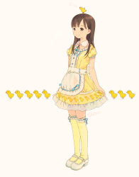 Rule 34 | 1girl, absurdres, animal, animal on head, apron, bird, bird on head, bow, brown eyes, brown hair, buttons, center frills, chick, chick print, closed mouth, collared dress, dress, frills, highres, kokudou juunigou, looking to the side, medium hair, on head, original, shoes, short dress, short sleeves, smile, solo, standing, thighhighs, translucent, waist apron, white background, white footwear, yellow dress, yellow thighhighs