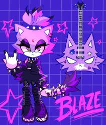 Rule 34 | 1girl, animal ears, animal nose, black eyeshadow, blaze the cat, boots, bracelet, cat ears, cat girl, cat tail, collar, electric guitar, eyeshadow, forehead jewel, furry, furry female, grid background, guitar, highres, instrument, jewelry, looking at viewer, makeup, nail polish, purple fur, sonic (series), spiked bracelet, spiked collar, spikes, spookycatfiish, star (symbol), tail, topknot, yellow eyes