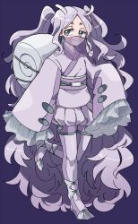 Rule 34 | 1girl, absurdly long hair, antenna hair, backpack, bag, creatures (company), earrings, full body, game freak, gen 6 pokemon, goodra, gotoroku (pkg), grey eyes, highres, japanese clothes, jewelry, kimono, long hair, nintendo, personification, pokemon, purple background, purple hair, purple kimono, purple thighhighs, sidelocks, simple background, sleeves past wrists, smile, solo, standing, standing on one leg, thighhighs, veil, very long hair, wide sleeves