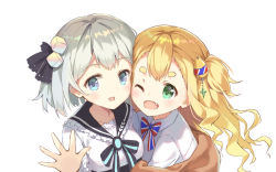 Rule 34 | 2girls, :d, ;d, aliter, black bow, black ribbon, black sailor collar, blonde hair, blue eyes, blush, bow, breasts, brown jacket, collarbone, collared shirt, commentary request, cube hair ornament, fang, green eyes, grey hair, hair ornament, hair ribbon, hand up, jacket, long hair, multiple girls, off shoulder, one eye closed, open clothes, open jacket, open mouth, original, ribbon, sailor collar, shirt, short eyebrows, simple background, small breasts, smile, striped, striped bow, thick eyebrows, upper body, white background, white shirt