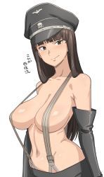 Rule 34 | 10s, 1girl, black hair, breasts, brown eyes, covering nipples, covering privates, elbow gloves, female focus, girls und panzer, gloves, groin, hat, large breasts, long hair, mature female, naked suspenders, navel, nishizumi shiho, peaked cap, revealing clothes, smile, solo, suspenders, tenchisouha, text focus, topless, totenkopf, translated, uniform, white background