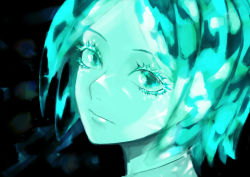 Rule 34 | 1other, androgynous, colored eyelashes, crystal hair, dark background, green eyes, green hair, highres, houseki no kuni, long eyelashes, looking at viewer, phosphophyllite, portrait, short hair, solo
