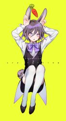Rule 34 | 1boy, absurdres, alternate costume, animal ears, arms up, black hair, black shorts, black vest, bow, bowtie, carrot, danganronpa (series), danganronpa v3: killing harmony, food, grey shirt, grey thighhighs, highres, looking at viewer, multicolored hair, oma kokichi, pink bow, pink bowtie, pink hair, rabbit boy, rabbit ears, rabbit tail, rina (crystalrina), shirt, shorts, simple background, solo, tail, thighhighs, two-tone hair, vest, yellow background