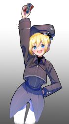 Rule 34 | alison (alison airlines), arm up, blonde hair, blush, brown coat, coat, collared coat, cowboy shot, erica hartmann, gradient background, grey background, highres, long sleeves, looking at viewer, open mouth, pants, shadow, short hair, smile, solo, strike witches, white background, white pants, world witches series
