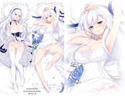 Rule 34 | 1girl, :d, apron, arm up, armpits, artist name, azur lane, bare shoulders, belfast (azur lane), belfast (the pledge of claddagh) (azur lane), belfast (the pledge of claddagh) (azur lane), billie (meng gong fang), blue eyes, blush, braid, breasts, bridal veil, bride, chain, cleavage, clothes lift, collar, collarbone, dakimakura (medium), dress, dress lift, earrings, flower, french braid, frills, from above, full body, garter belt, gloves, gluteal fold, highres, jewelry, large breasts, long hair, looking at viewer, lying, maid, maid headdress, multiple views, on back, open mouth, panties, petals, shiny skin, silver hair, smile, star (symbol), star earrings, strapless, strapless dress, tiara, underwear, veil, wedding dress, white dress, white gloves, white panties