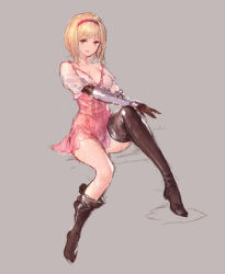 Rule 34 | 1girl, black gloves, black thighhighs, blonde hair, bob cut, breasts, brown eyes, djeeta (granblue fantasy), dress, elbow gloves, full body, gloves, granblue fantasy, grey background, hairband, highres, medium breasts, short dress, short hair, simple background, sitting, sketch, smile, solo, swd3e2, thighhighs, thighhighs pull, unfinished, v-neck, vambraces, wet, wet clothes, wet dress