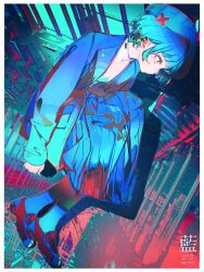 Rule 34 | 1girl, black footwear, blue hair, blue hat, blue jacket, blue skirt, closed mouth, commentary, dated, earrings, full body, hat, highres, jacket, jewelry, john kafka, loafers, mole, mole under eye, nurse cap, open clothes, open jacket, original, pleated skirt, red eyes, shoes, short hair, skirt, solo, stud earrings, symbol-only commentary