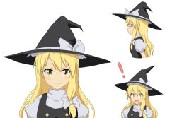 Rule 34 | !, 1girl, blonde hair, blush, bow, braid, cato (monocatienus), from side, hair bow, hat, kirisame marisa, looking at viewer, open mouth, parted lips, puffy sleeves, single braid, smile, surprised, touhou, turtleneck, upper body, vest, white background, witch, witch hat, yellow eyes