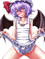 Rule 34 | 1girl, animal print, apron, apron lift, bat print, bat wings, blue hair, blush, clothes lift, collarbone, commentary request, embarrassed, fang, flat chest, hair ribbon, hat, highres, looking at viewer, mob cap, naked apron, no panties, open mouth, partially visible vulva, red eyes, remilia scarlet, ribbon, solo, spread legs, tears, touhou, wings, zan (harukahime)