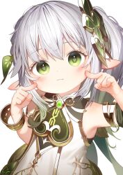 Rule 34 | 1girl, armlet, blush, bracelet, child, genshin impact, green eyes, grey hair, highres, index finger raised, jewelry, looking at viewer, nahida (genshin impact), pointy ears, ryota (ry o ta), shadow, signature, simple background, solo, upper body, white background