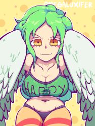 Rule 34 | 1girl, artist name, bare shoulders, bird legs, blush stickers, breasts, cleavage, clothes writing, commentary, crop top, feathered wings, feathers, green feathers, green hair, green tank top, green wings, harpy, highres, large breasts, long hair, looking at viewer, midriff, monet (one piece), monster girl, navel, omegaluxifer, one piece, pantyhose, smile, solo, striped clothes, striped pantyhose, tank top, winged arms, wings, yellow background, yellow eyes