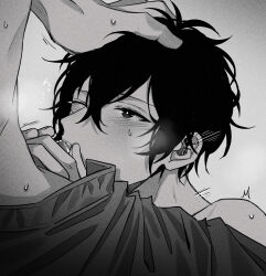 Rule 34 | 2boys, absurdres, black hair, blush, cum, cum in mouth, given, greyscale, hand in another&#039;s hair, highres, kaji akihiko, looking up, male focus, messy hair, monochrome, motion lines, multiple boys, murata ugetsu, nude, one eye closed, oral, pinoli (pinoli66), short hair, sound effects, sweatdrop, yaoi