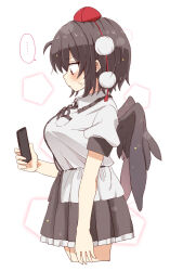 Rule 34 | ..., 1girl, absurdres, black hair, black ribbon, black skirt, black wings, blush, breasts, cellphone, closed mouth, collared shirt, cropped legs, dress shirt, feathered wings, frilled skirt, frills, from side, hair between eyes, hat, highres, holding, holding phone, large breasts, looking down, neck ribbon, phone, pleated skirt, profile, puffy short sleeves, puffy sleeves, red eyes, red hat, ribbon, shameimaru aya, shirt, short sleeves, simple background, skirt, solo, spoken ellipsis, sweat, tented shirt, tokin hat, totoharu (kujirai minato), touhou, white background, white shirt, wings